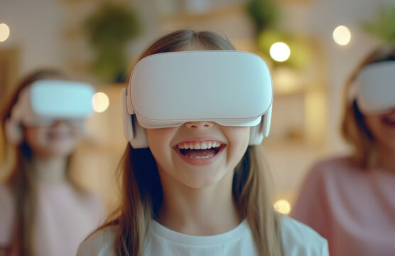 Happy children wearing virtual reality headsets, enjoying immersive experiences together. Their laughter fills room with joy and excitement