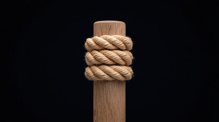 A close-up of a wooden post with coiled rope wrapped around it, set against a dark background, highlighting texture and detail.