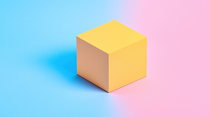 A vibrant yellow cube sits against a backdrop of pink and blue, creating a striking contrast in a minimalist setting.
