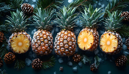 Fototapeta premium Fresh pineapples arranged artistically on a dark surface with pinecones and ice, creating a vibrant scene