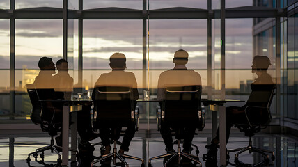 Silhouetted business people convene around a conference table gazing out at the city skyline through expansive office windows at dusk.