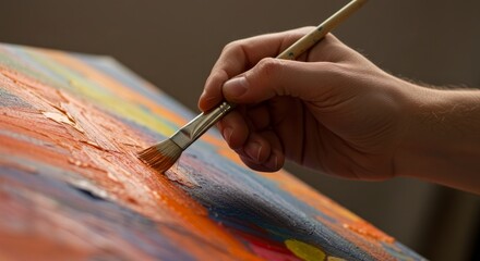 Close Up Of A Hand Painting On A Canvas With Orange And Blue Paint