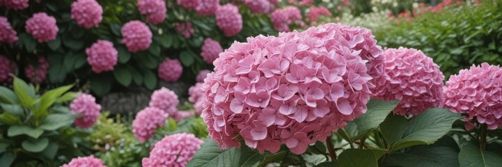 Obraz premium Large pink hydrangea surrounded by garden accents , outdoor, pretty