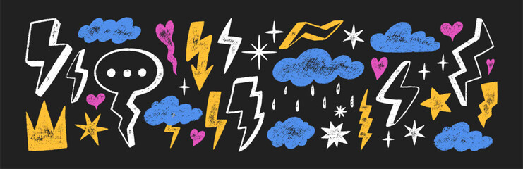 Set of doodle clouds, lightning bolts, stars and weather symbols with crayon, pastel, chalk or pencil texture. Decoration elements in sketch style. Color vector illustration on a blackboard.