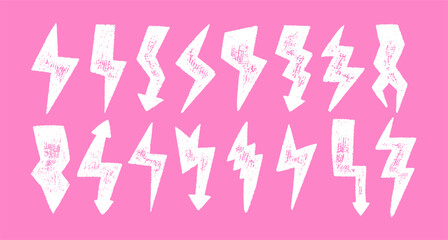 Set of lightning bolts with crayon, pastel or chalk texture. Grunge white doodle illustration on a pink background.