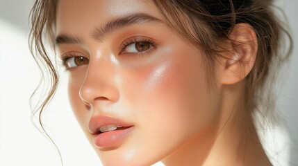 Close-up shot of a young woman with clear, glowing skin gently touching her face. Her smooth complexion and serene expression make this image ideal for beauty, skincare, and wellness campaigns.