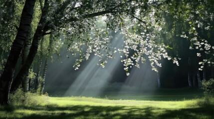 Fototapeta premium Sunbeams stream through blossoming tree branches onto a lush green meadow in a quiet forest clearing.