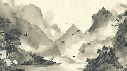 Misty mountain range with ancient trees and flying birds.