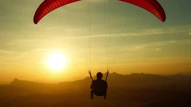 Silhouette of paraglider soaring at sunset as camera follows behind. Tracking shot. 4K.
