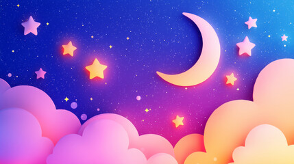 soft watercolor illustration of dreamy night sky featuring crescent moon, colorful stars, and fluffy clouds, evoking sense of wonder