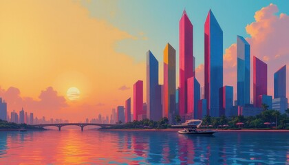Obraz premium Vibrant skyline at sunset with towering modern buildings and a boat sailing on the shimmering water