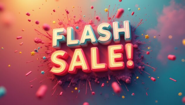 Dynamic 'Flash Sale' Advertisement Design with 3D Typography and Vibrant Explosion of Colors for Retail Promotions
