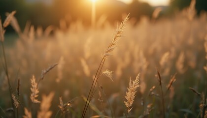 Fototapeta premium Meadow grass illuminated by golden sunset light, creating a warm, peaceful atmosphere in nature during golden hour.