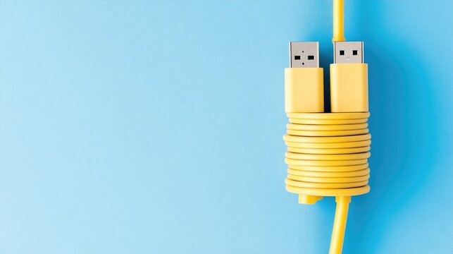 Two yellow USB cables neatly coiled and stacked against a light blue background, and showcasing organization and minimalistic design concept.
