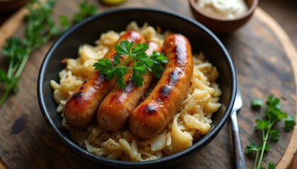 Sausage and Pasta Dinner in a Dark Bowl on a Wooden Surface, Gourmet Meal Preparation, Close-Up