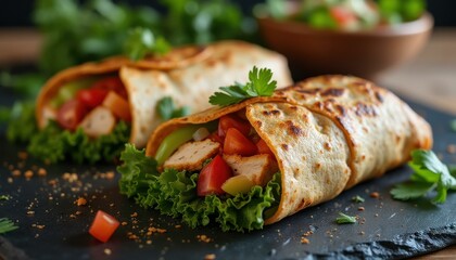 Delicious Chicken Wraps with Fresh Vegetables on a Dark Serving Board