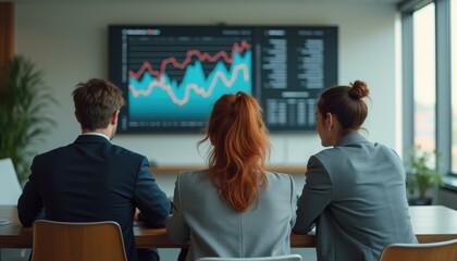 Professionals Analyzing Data at Modern Office Meeting with Large Screen Displaying Charts and Financial Information