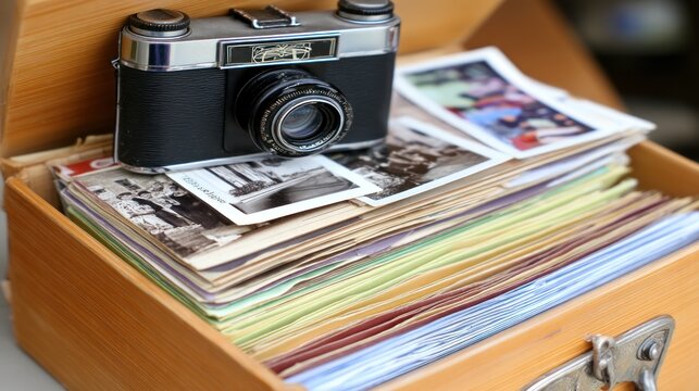 Vintage photos in a wooden box