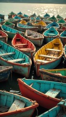 Obraz premium Colorful Rowboats Docked on the Water, Close-Up Perspective of Diverse Painted Vessels Floating in a Marina