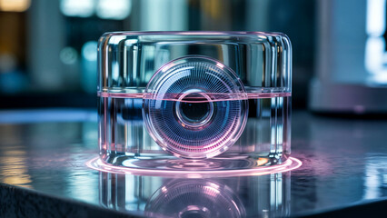 Futuristic lens or sensor in clear container, representing advanced technology and optics