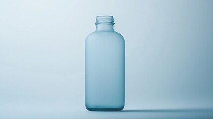 A frosted glass bottle stands against a soft blue background, showcasing its minimalist design and texture.