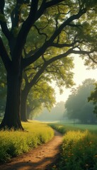 Scenic Pathway Through a Lush Green Park with Ancient Trees, Vibrant Wildflowers, and a Misty, Sunlit Atmosphere