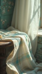 Tranquil Interior Scene with Textured Blanket on Table, Sunlight, and Turquoise Accent Wall