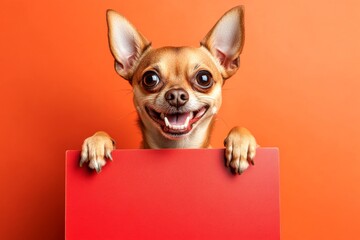 &ETH;&iexcl;ute dog chihuahua hold in front paws a concept - large red boulevard sign. Dog in white room. Isolated doggy on a solid clothing bright orange background. Adorable model pose. Street ad pupp.