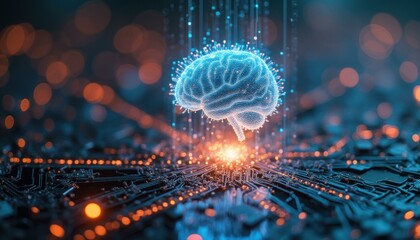 Abstract neural network with brain and circuitry glowing with digital connections, representing artificial intelligence and data processing.