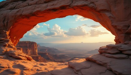 Majestic sandstone arch framing a vast canyon landscape at sunset, capturing the warm light on rock formations and distant mesas