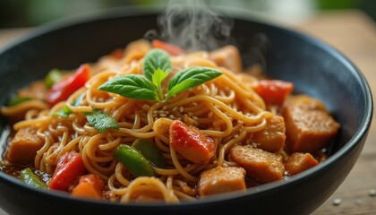 Steaming bowl of Asian-inspired noodles with tofu, red peppers, and fresh basil garnish, sprinkled with sesame seeds, presented in