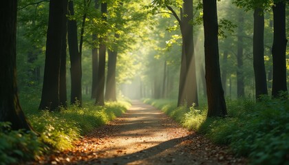 Obraz premium Enchanting forest path with dappled sunlight and fallen leaves inviting exploration and tranquil escape in the morning glow.