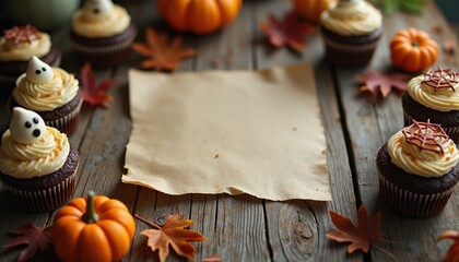 Fototapeta premium Festive Halloween Table with Ghost Cupcakes and Fall Decor for Spooky Celebrations