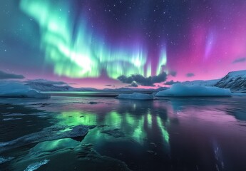 Vibrant aurora borealis reflected in icy water.