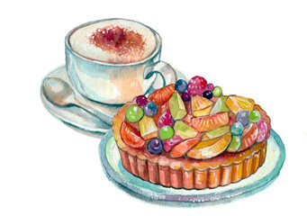 水彩で描いたフルーツタルトとカプチーノのイラスト