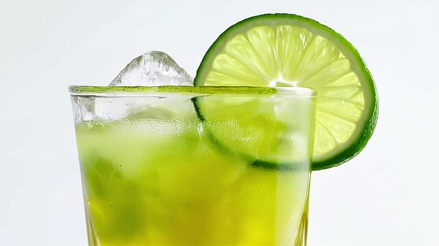 Refreshing Green Lime Drink with Ice Cubes in Clear Glass with Lime Slice and White Background Represents Summer Vacation