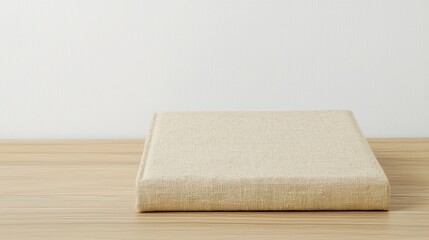A simple, textured book rests on a wooden surface, with a plain white wall in the background, creating a minimalist aesthetic.