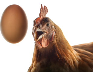 Hen crowing near big egg with transparent background