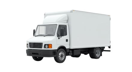 A white delivery truck with a box body and a cab over engine design parked on a black background