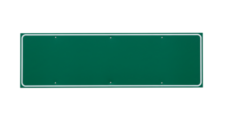 A blank green road sign with a white border and silver rivets against a black background in a studio shot