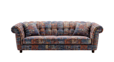 A patterned sofa with two pillows on a black background showcasing furniture and interior design style
