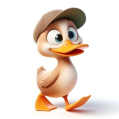 3d cute animation of a duck wearing hat on white background