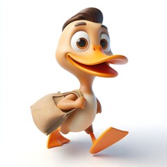3d cute animation of a duck bring a bag on white background