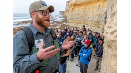 A male geology instructor leads a group of students on a field trip along a dramatic coastal cliffside