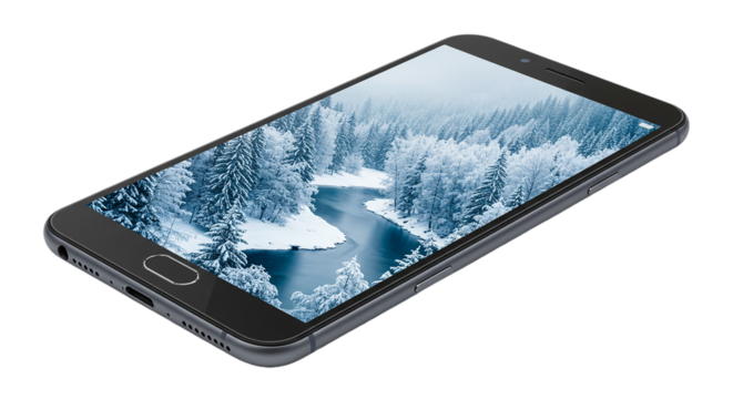 A smartphone displaying a winter landscape with snow covered trees and a winding river on its screen