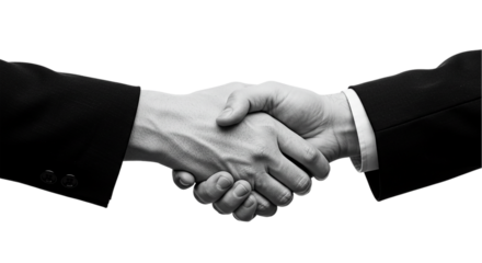 A monochrome image depicting two individuals engaged in a handshake against a black background space