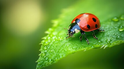 Ladybug on Dew-Kissed Leaf: A Vibrant Macro Photography of Nature's Beauty