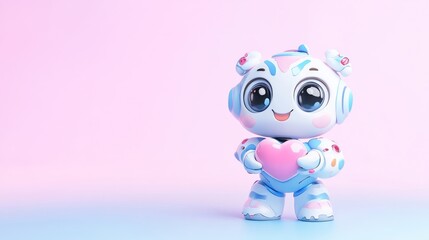 Cute robot holding a heart.  A friendly, cartoonish robot character,  light blue and white, with large eyes,  stands and holds a pink heart.  Soft, pastel colors create a romantic, whimsical vibe