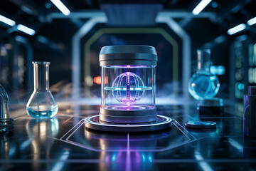 Globe inside a cylinder, representing laboratory research, science, and global tech