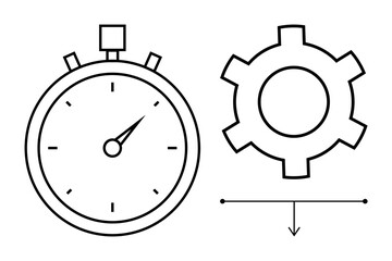 Stopwatch with minute hand and gear wheel connected by an arrow symbolizing time, process optimization, efficiency. Ideal for productivity, project management, workflow, automation, planning